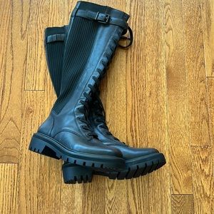 Dukees Buckle Detail Chunky Lug Sole Tall Combat Sock Boots. Antonio Melani